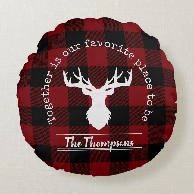 Personalised Red and Black Buffalo Plaid Round Cushion (Front)