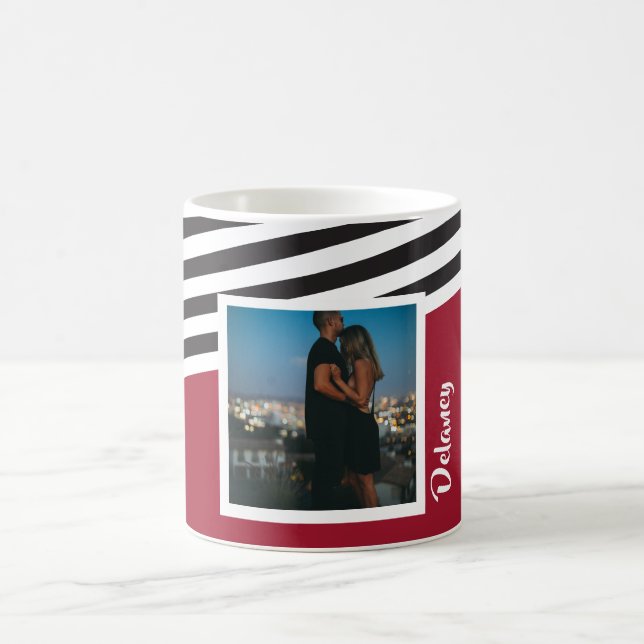 Personalised Red And Black Striped Pattern Photo Coffee Mug (Center)