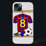 Personalised Red and Blue Football Soccer Jersey iPhone 13 Case<br><div class="desc">Add the name and number or age of the soccer player, football fan or soccer team coach to this unique sports design featuring a red and blue striped football soccer jersey hanging in the locker room. There is a water bottle, a soccer ball and football cleats on the bench under...</div>