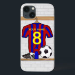 Personalised Red and Blue Football Soccer Jersey iPhone 13 Case<br><div class="desc">Add the name and number or age of the soccer player, football fan or soccer team coach to this unique sports design featuring a red and blue striped football soccer jersey hanging in the locker room. There is a water bottle, a soccer ball and football cleats on the bench under...</div>