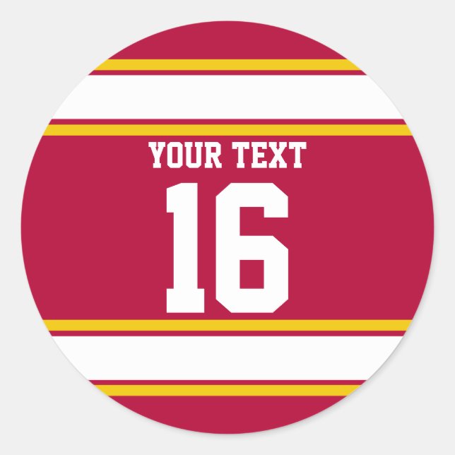 Personalised Red and Gold Sport Stripes Classic Round Sticker (Front)