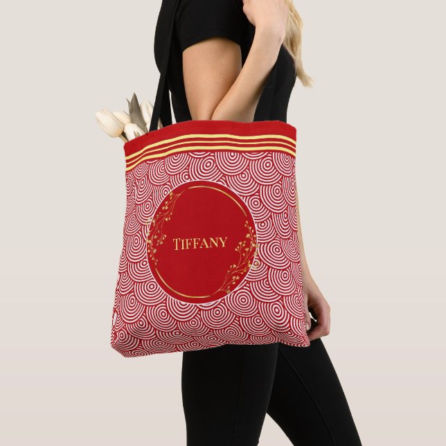 Personalised Red And Gold Tote Bag (Close Up)