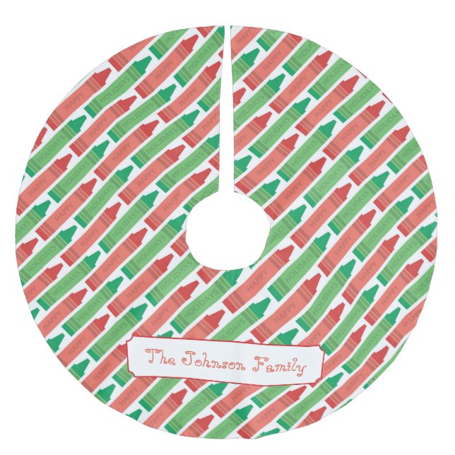 Personalised Red and Green Crayons Brushed Polyester Tree Skirt (Front)