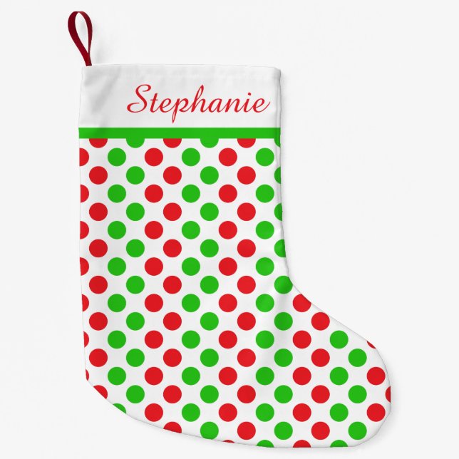 Personalised Red and Green Polka Dot  Christmas Small Christmas Stocking (Front)