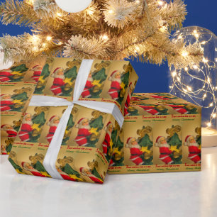 Personalised Red and Green Santa on Christmas Tree Wrapping Paper