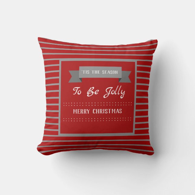 Personalised Red and Grey Christmas Striped Cushion (Front)