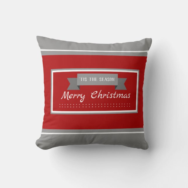 Personalised Red and Grey Christmas Striped Cushion (Front)