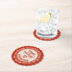 Personalised Red and Ivory Scandinavian Border Paper Coaster