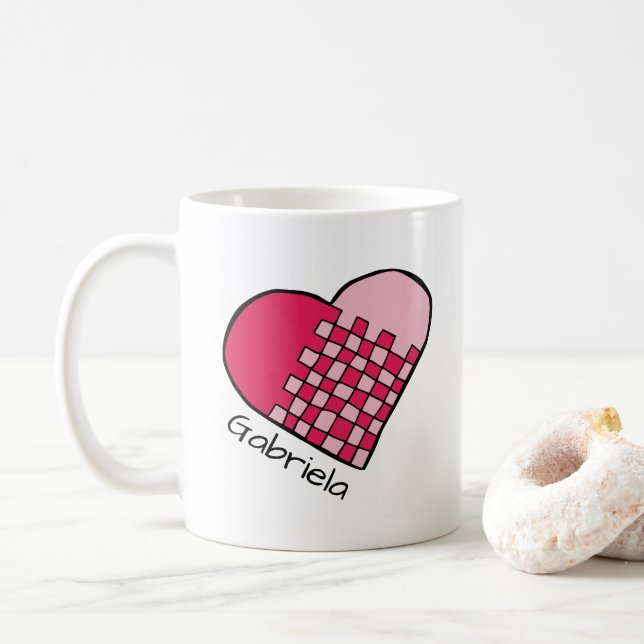 Personalised Red and Pink Woven Heart Doodle Mug (With Donut)