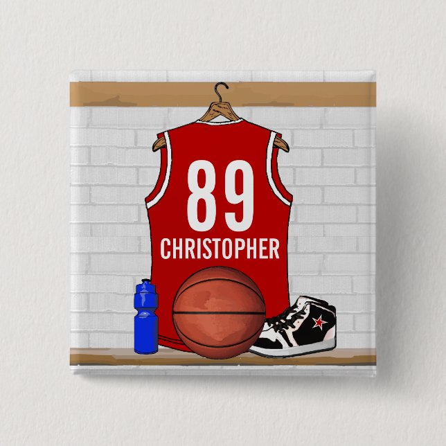 Personalised Red and White Basketball Jersey 15 Cm Square Badge (Front)