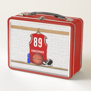 Personalised Red and White Basketball Jersey Metal Lunch Box