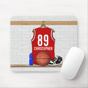 Personalised Red and White Basketball Jersey Mouse Pad
