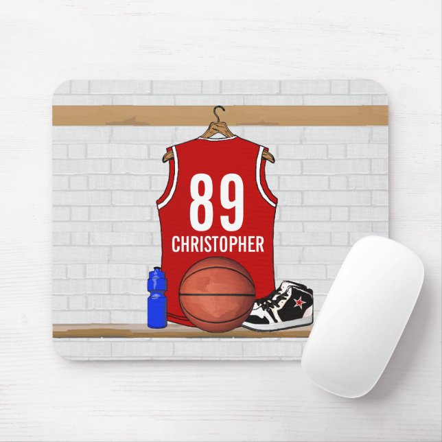 Personalised Red and White Basketball Jersey Mouse Pad (With Mouse)