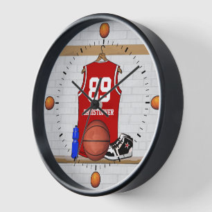 Personalised Red and White Basketball Jersey Wall Clock