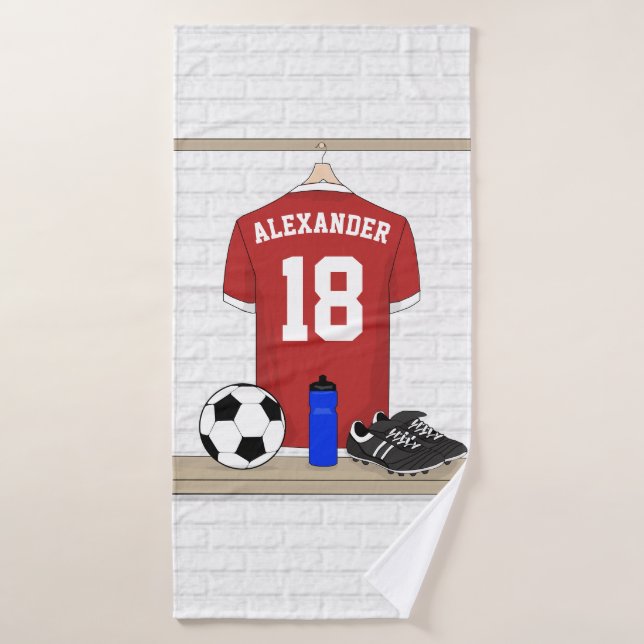 Personalised Red and White Football Soccer Jersey Bath Towel Set (Bath Towel)