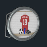 Personalised Red and White Football Soccer Jersey Belt Buckle<br><div class="desc">A fresh new version of GiftsBonanza's unique football soccer jersey sports design featuring a red and white soccer jersey hanging in a locker room with a soccer ball, water bottle and football cleats on the bench. The soccer jersey has customisable text for the name of the soccer player, soccer coach...</div>