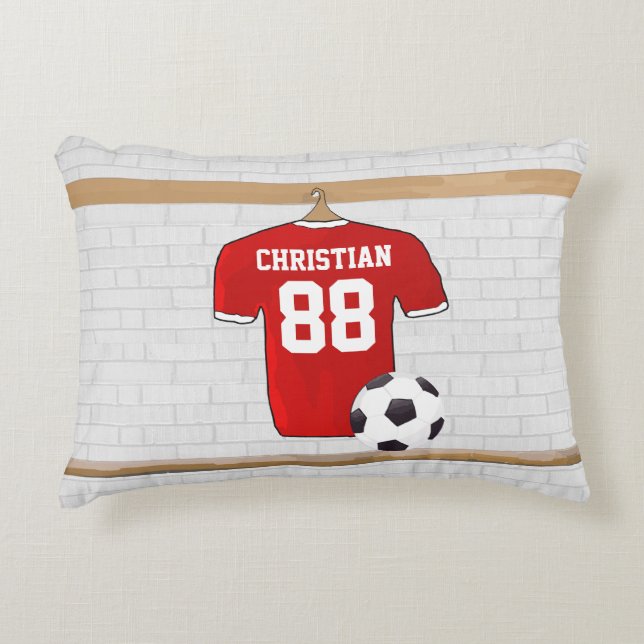 Personalised Red and White Football Soccer Jersey Decorative Cushion (Front)