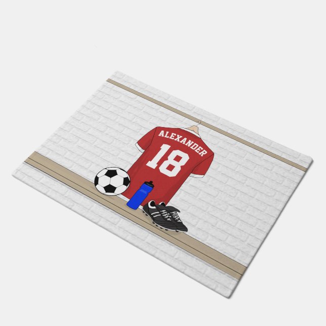 Personalised Red and White Football Soccer Jersey Doormat (Angled)