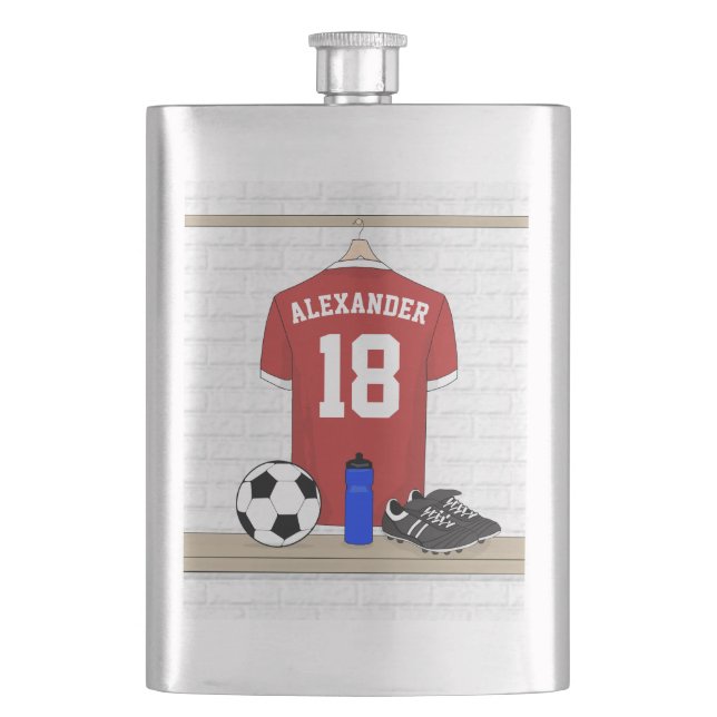 Personalised Red and White Football Soccer Jersey Hip Flask (Front)