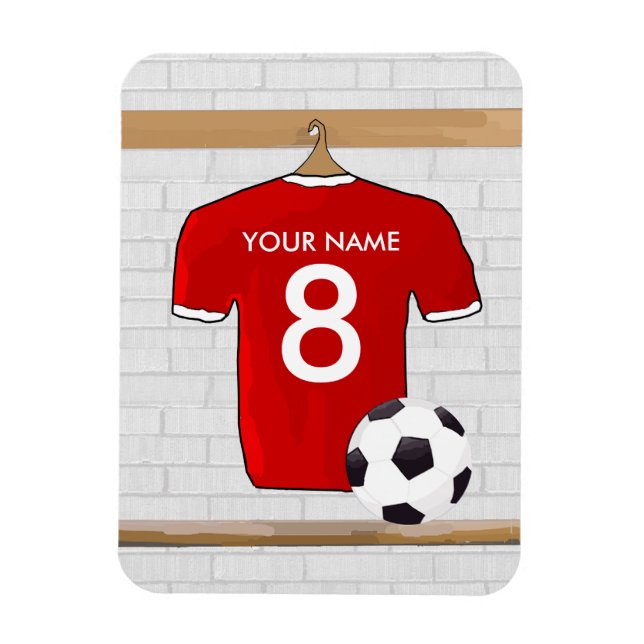 Personalised Red and White Football Soccer Jersey Magnet (Vertical)