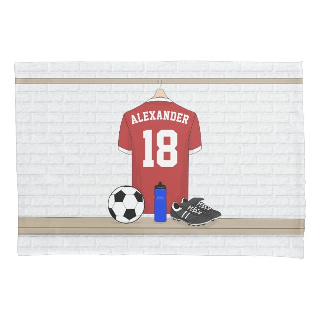 Personalised Red and White Football Soccer Jersey Pillowcase (Front)