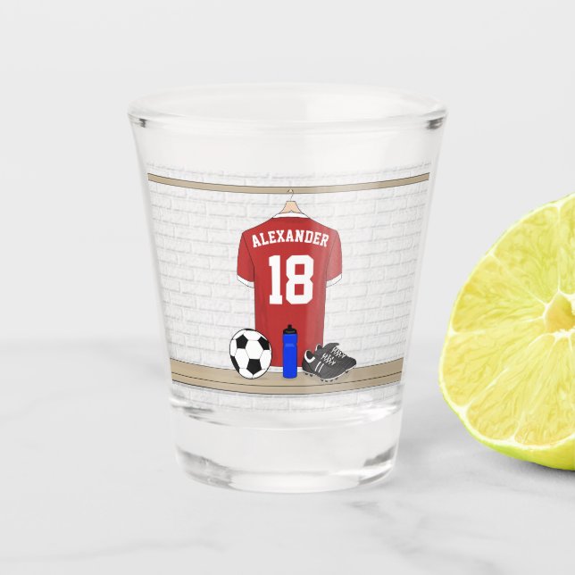 Personalised Red and White Football Soccer Jersey Shot Glass (Front)