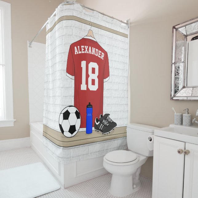 Personalised Red and White Football Soccer Jersey Shower Curtain (In Situ)