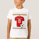 Personalised Red and White Football Soccer Jersey T-Shirt<br><div class="desc">A personalised football soccer jersey in red with white trim, hanging in a sports locker room with a water bottle, football cleats and a soccer ball. Just add the name and number (or age) of the soccer player, football fan or soccer team coach to create a unique soccer gift. Other...</div>