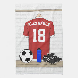 Personalised Red and White Football Soccer Jersey Tea Towel