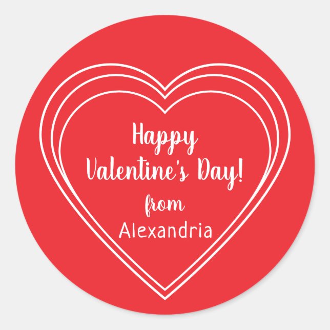 Personalised Red and White Happy Valentine's Day Classic Round Sticker (Front)