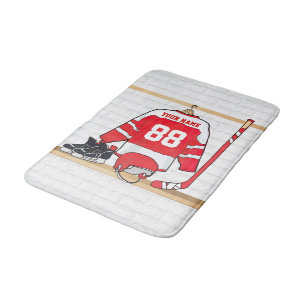 Personalised Red and White Ice Hockey Jersey Bath Mat