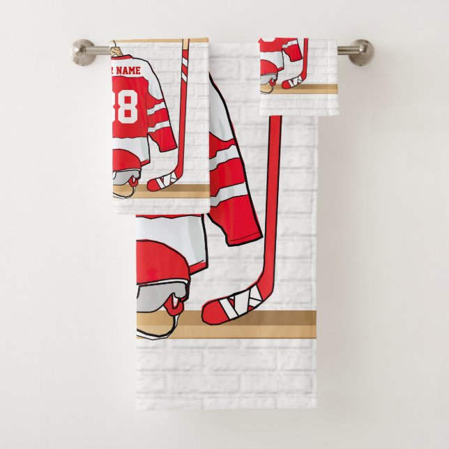 Personalised Red and White Ice Hockey Jersey Bath Towel Set (Insitu)