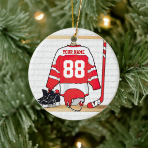 Personalised Red and White Ice Hockey Jersey Ceramic Ornament