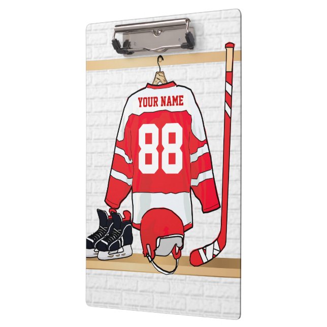Personalised Red and White Ice Hockey Jersey Clipboard (Left)
