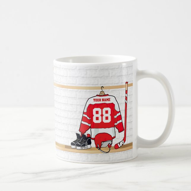 Personalised Red and White Ice Hockey Jersey Coffee Mug (Right)