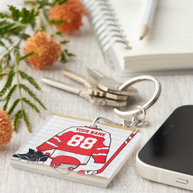 Personalised Red and White Ice Hockey Jersey Key Ring (Front Right)