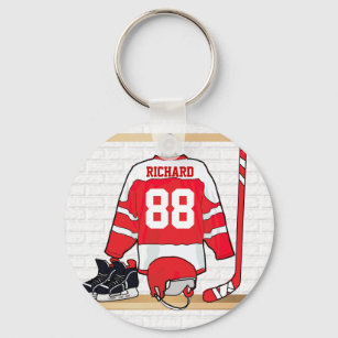 Personalised Red and White Ice Hockey Jersey Key Ring