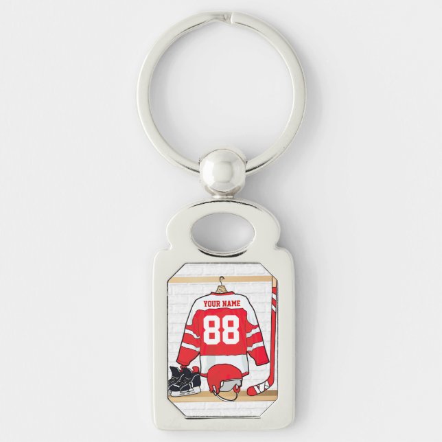Personalised Red and White Ice Hockey Jersey Key Ring (Front)