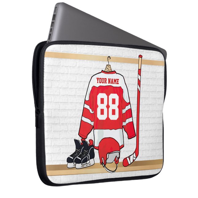Personalised Red and White Ice Hockey Jersey Laptop Sleeve (Front Right)
