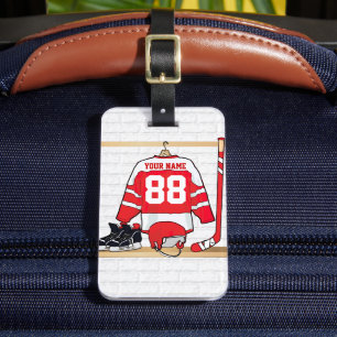 Personalised Red and White Ice Hockey Jersey Luggage Tag