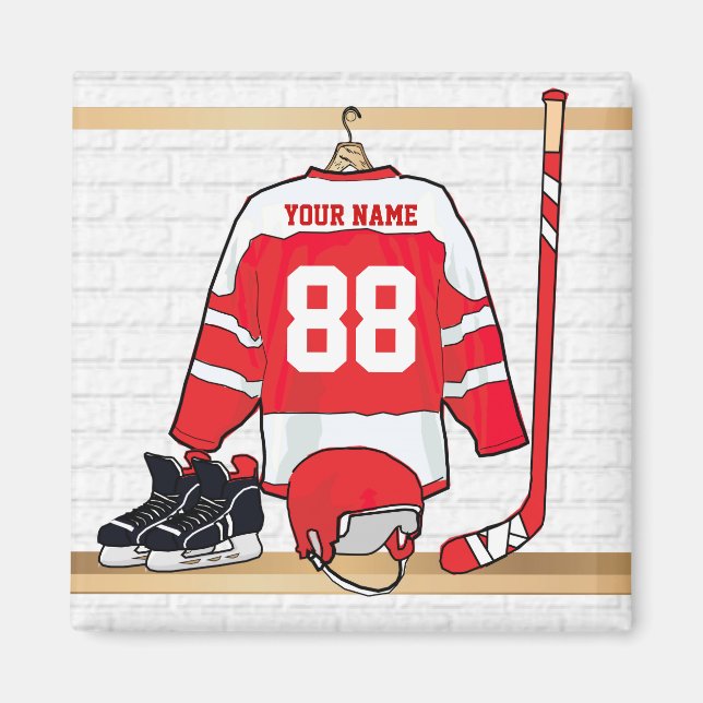 Personalised Red and White Ice Hockey Jersey Magnet (Front)