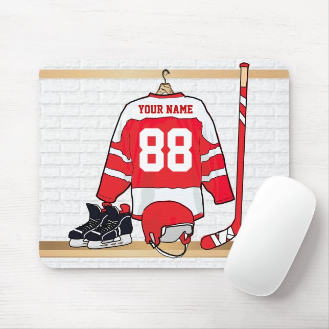 Personalised Red and White Ice Hockey Jersey Mouse Pad (With Mouse)