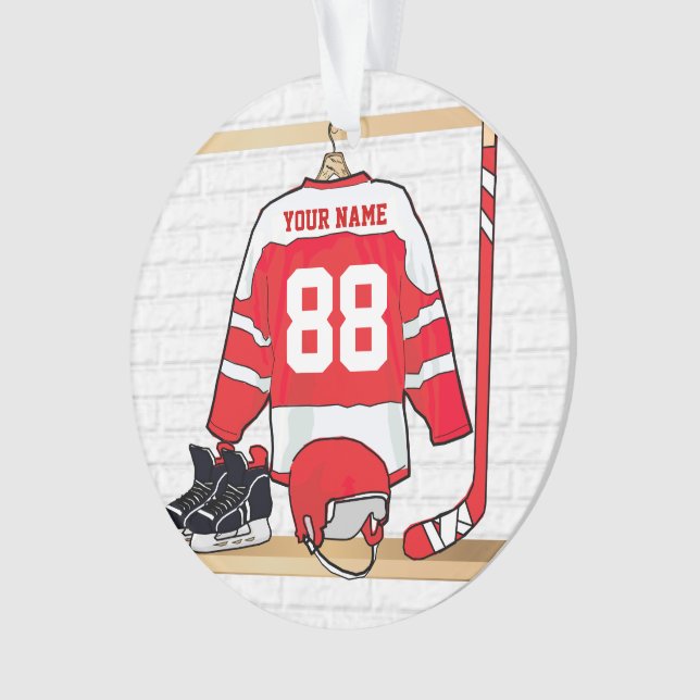 Personalised Red and White Ice Hockey Jersey Ornament (Front)