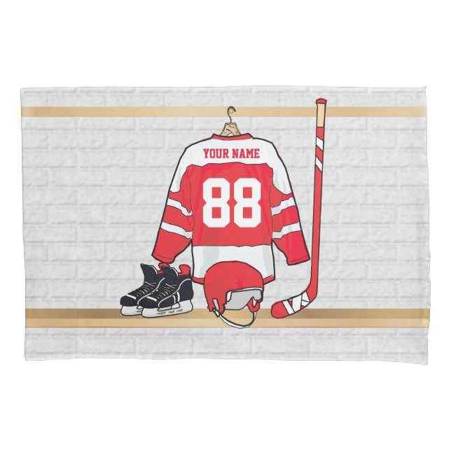 Personalised Red and White Ice Hockey Jersey Pillowcase (Front)