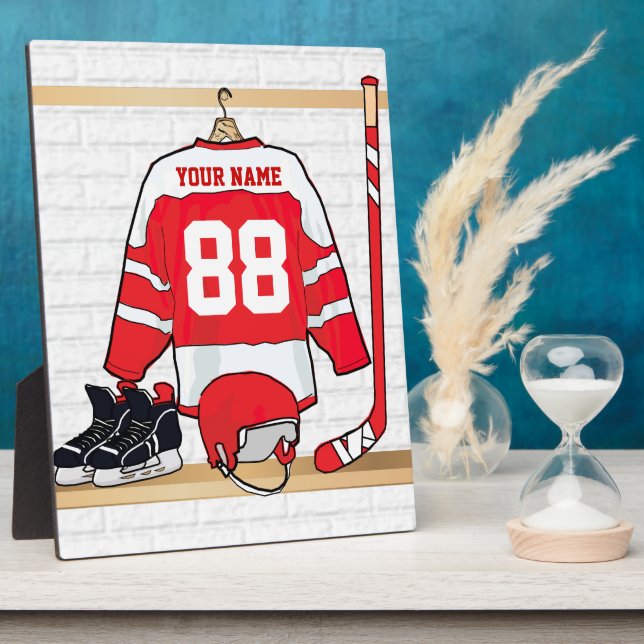 Personalised Red and White Ice Hockey Jersey Plaque (Side)