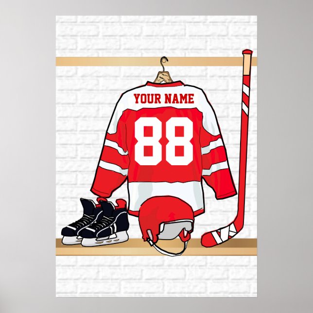 Personalised Red and White Ice Hockey Jersey Poster (Front)
