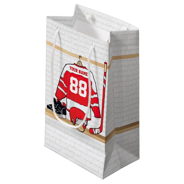 Personalised Red and White Ice Hockey Jersey Small Gift Bag (Front Angled)