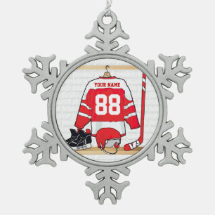 Personalised Red and White Ice Hockey Jersey Snowflake Pewter Christmas Ornament