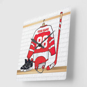 Personalised Red and White Ice Hockey Jersey Square Wall Clock