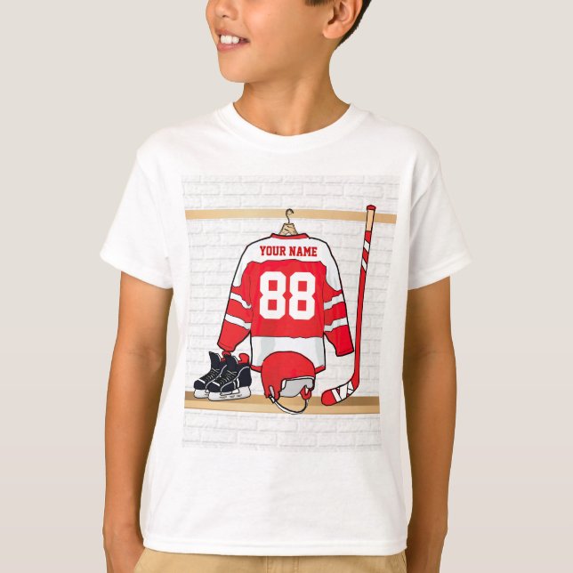 Personalised Red and White Ice Hockey Jersey T-Shirt (Front)